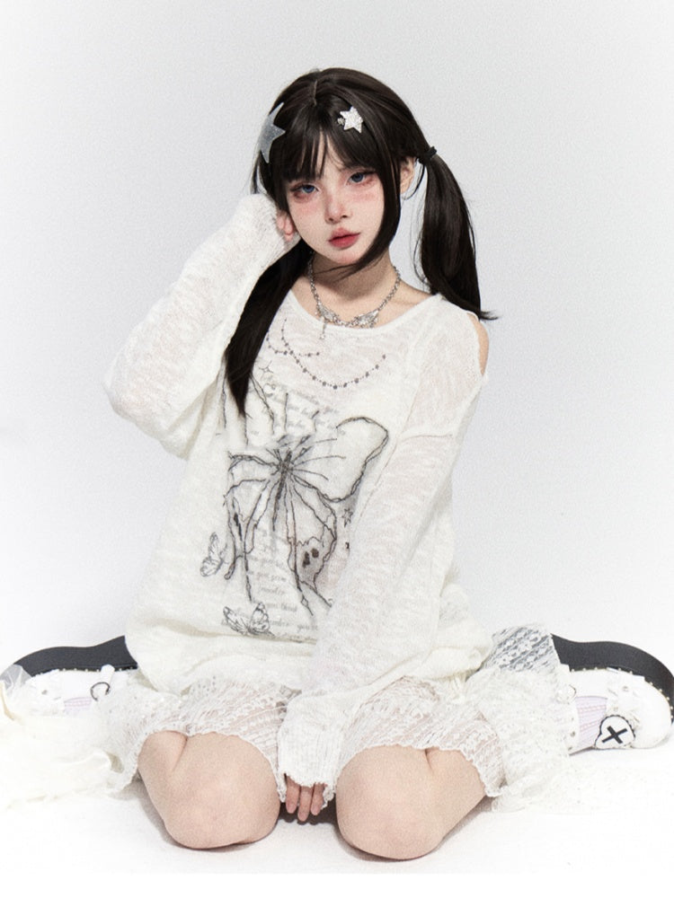 Butterfly Print Cutout Shoulder White/Black/Apricot Semi-sheer Coverup