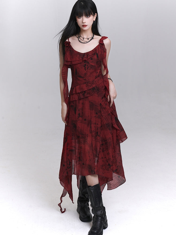 Red Cascading Ruffles Handkerchief Hem Sleeveless Dress