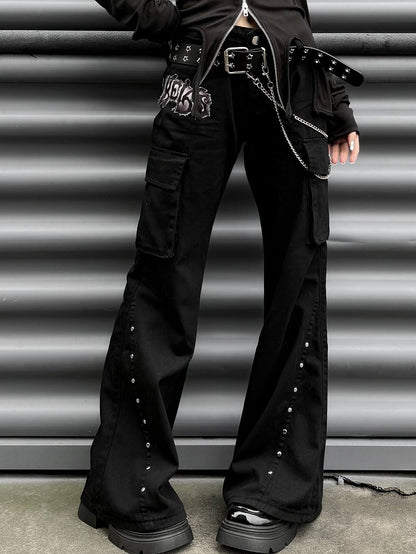 Punk Black Letter Patch Cargo Pockets Design Low Waist Fishtail Pants with Belt