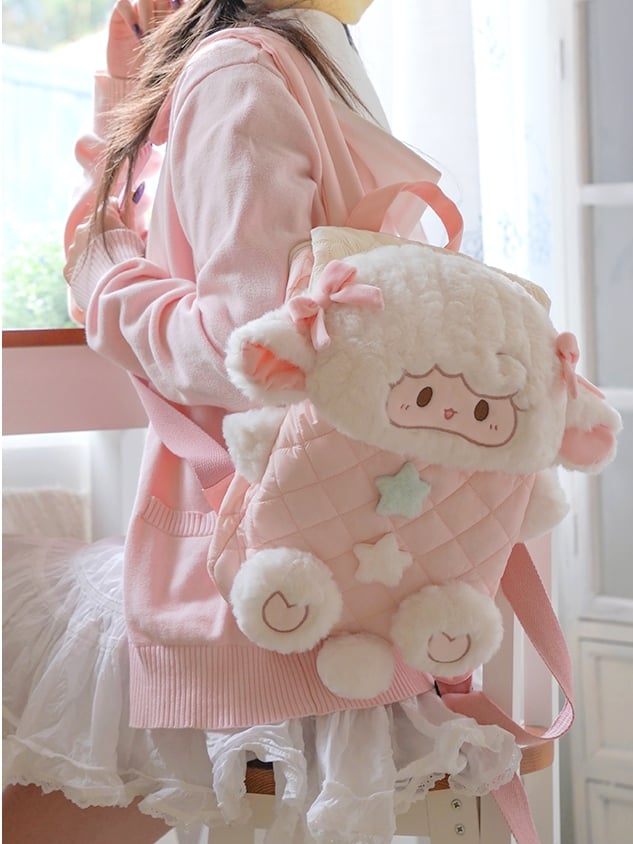 White&Pink Star And Bowknot Decorated Diamond Pattern Plush Lamb Flap Backpack