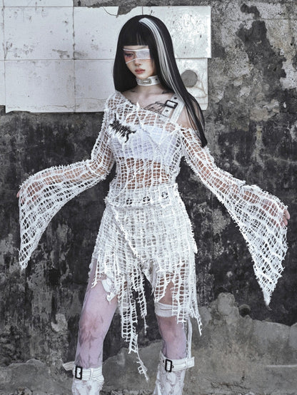 White Bell Sleeves Irregular Distressed Hallow Out Top