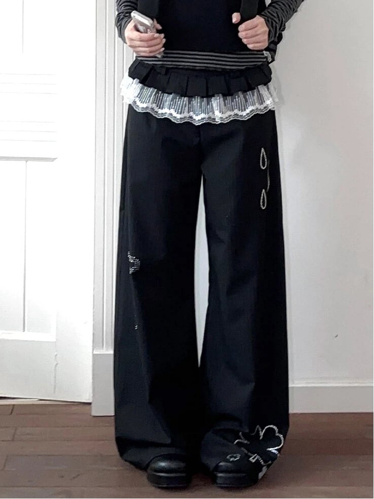 Black Wide-Leg Pants with Raindrop and Clover Rhinestone and Lace Trim