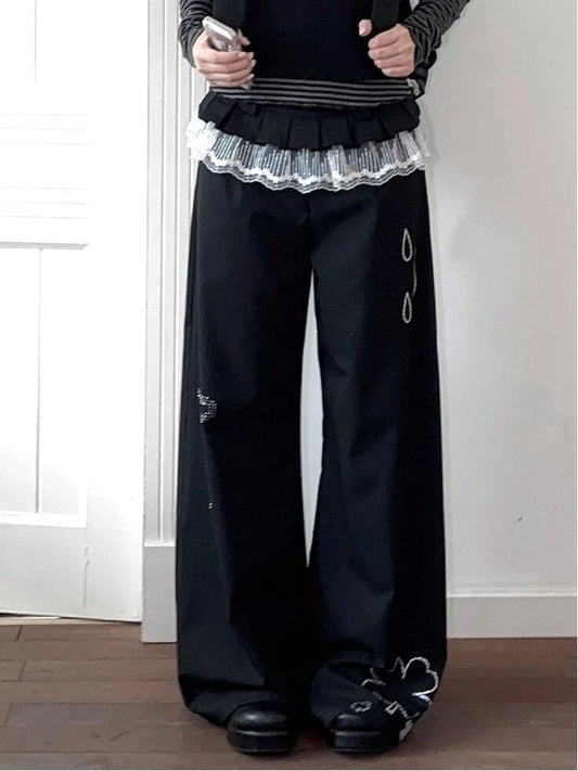 Black Wide-Leg Pants with Raindrop and Clover Rhinestone and Lace Trim