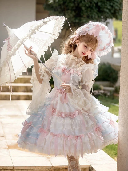 Blue and Pink Bow Accents Tiered Skirt Hanayome Hime Lolita Jumper Skirt