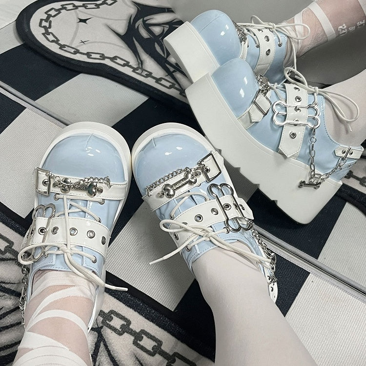 Tenshi Kaiwai Light Blue Y2K Bone Design Buckle Strap Platform Shoes