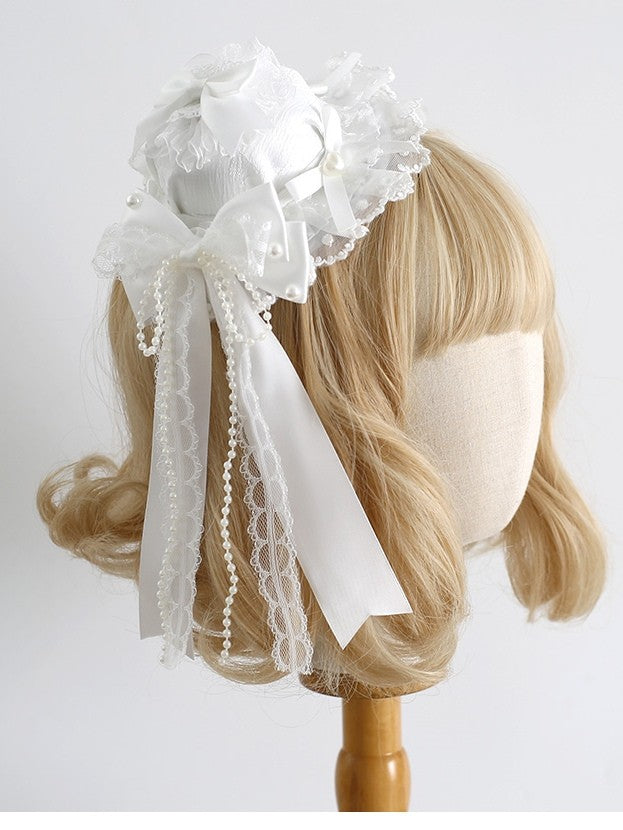 White Beaded Decorated Bowknot Details Lace Trim Mini Hat