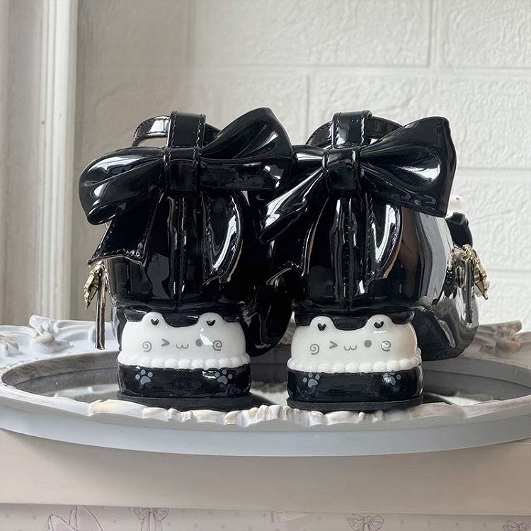 Black Sweet Lolita Mary Janes with Mid-heel - -Bear Heel, Bow Accents & Teddy Fastener