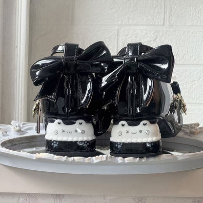 Black Sweet Lolita Mary Janes with Mid-heel - -Bear Heel, Bow Accents & Teddy Fastener