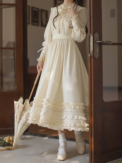 Floral Embroidery Collar Lace-up Detail Apricot Vintage Leg-of-Mutton Sleeves Dress