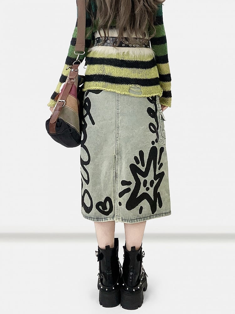 Blue Y2K Kitty And Bowknot Print Denim Skirt