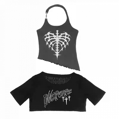 Y2K Red/Gray Halter Neck Graphic Tank Top with Black Cropped Coverup Set