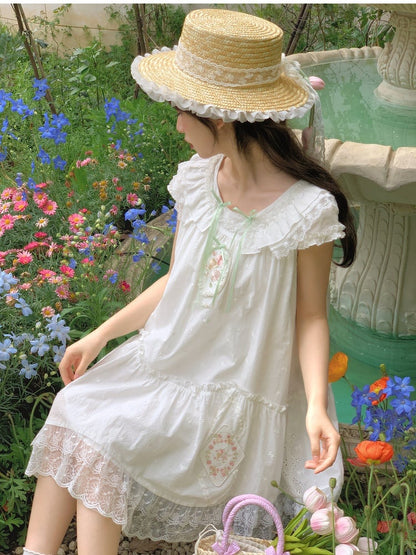White Floral Embroidery Lace Trim Mori Kei Dress