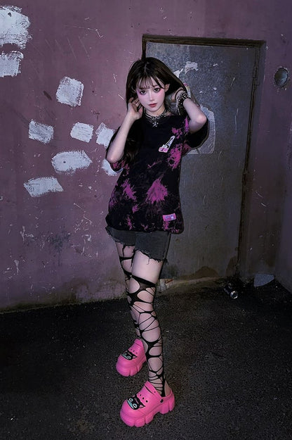 Black Cat Rose Pink Gothic Crocs Hollow Out Vented Clogs