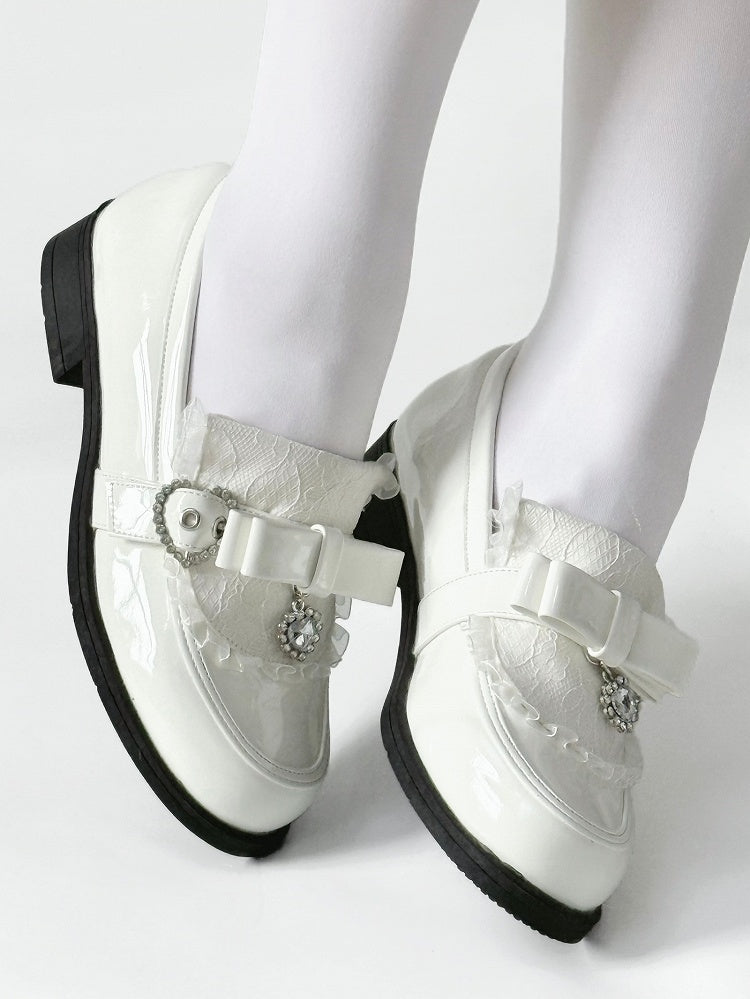 Rhinestone Heart Details & Bow Accent PU Polished White Low-heel Loafers in Jirai Kei
