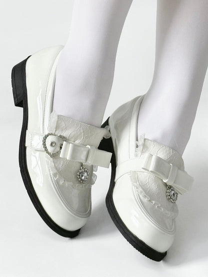 Rhinestone Heart Details & Bow Accent PU Polished White Low-heel Loafers in Jirai Kei