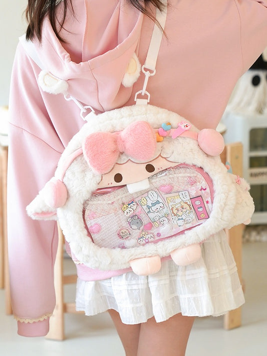 White And Pink Cute Lamb Bowknot Plush Ita Bag Backpack