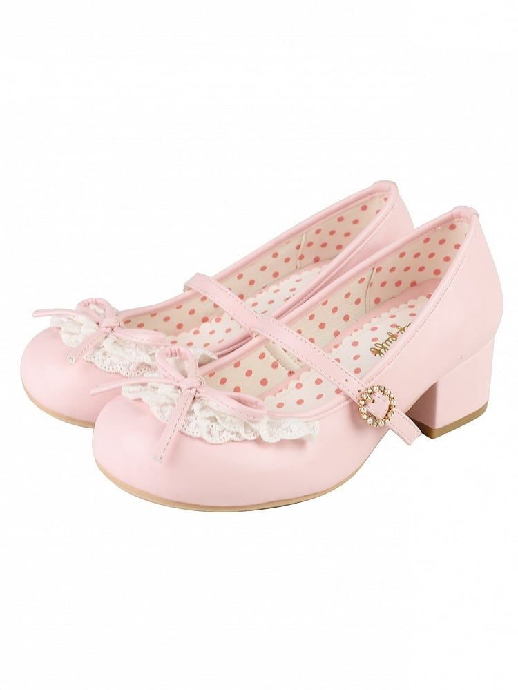 Pink Knotted Bow Accent Lace Trim 2.2CM/4.3CM Heels Round Toe Mary Janes