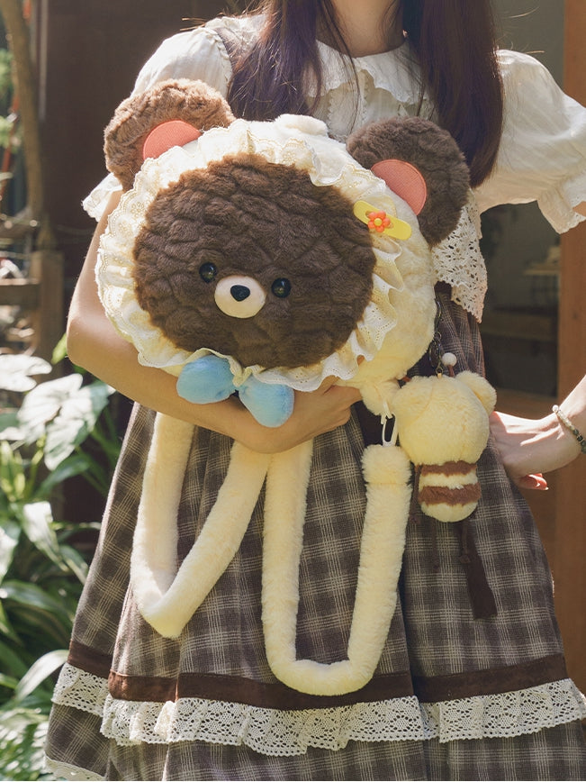 Brown&Beige Bear-shaped Lace Trim Plush Backpack