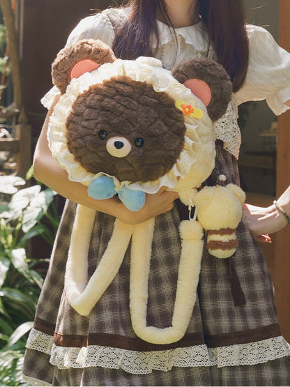 Brown&Beige Bear-shaped Lace Trim Plush Backpack