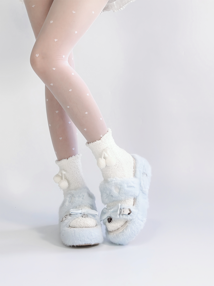 Light Blue Jirai Kei Plush Slippers: Embroidered Cat Design with Platform Sole & Top Bow