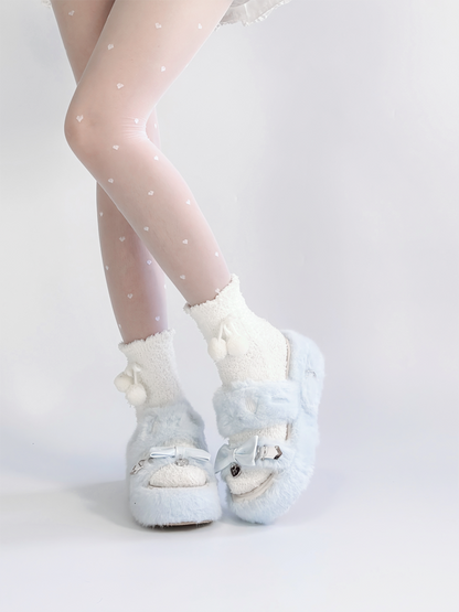 Light Blue Jirai Kei Plush Slippers: Embroidered Cat Design with Platform Sole & Top Bow