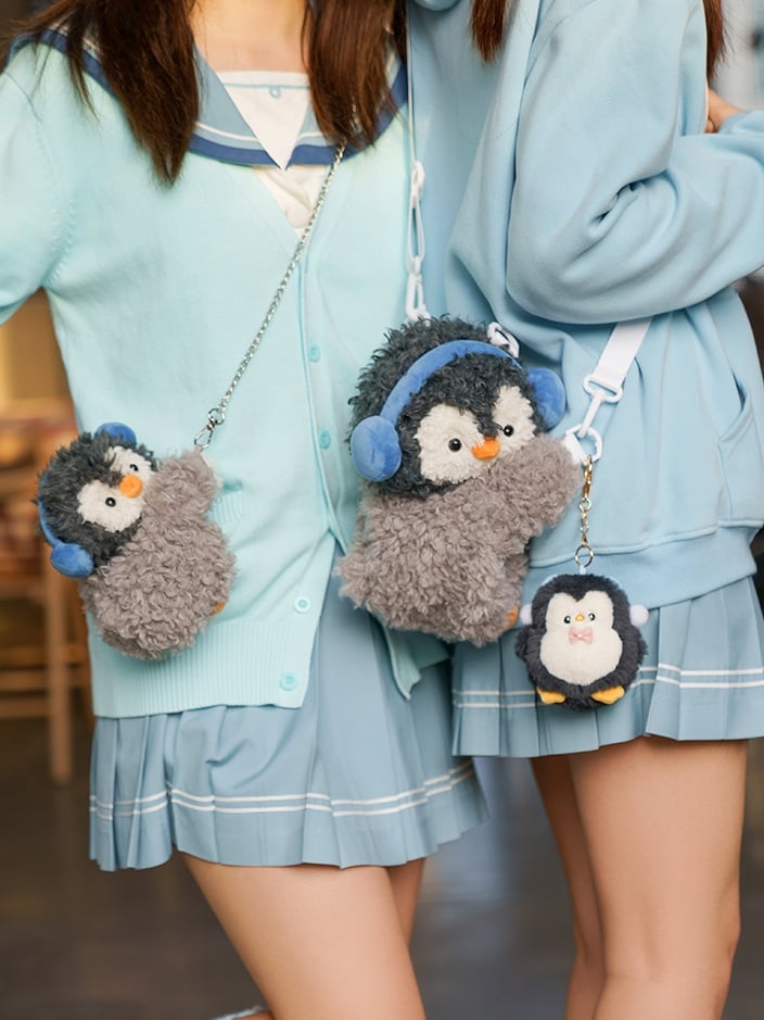Gray Cute Penguin Plush Backpack/Crossbody Bag + Keychain