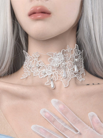 White Bead Details Lace Applique Choker