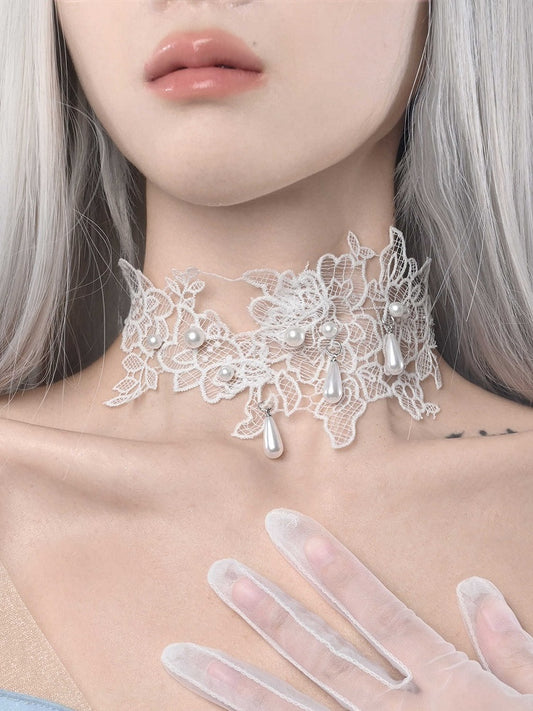 White Bead Details Lace Applique Choker