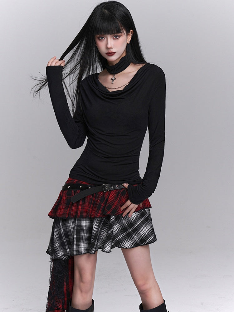 Red & Black Mesh Patchwork Asymmetrical Plaid Skirt with PU Buckle Belt