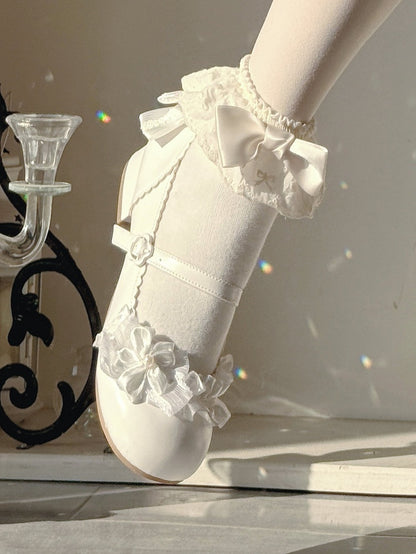 Flower-Shaped Buckle & Bow Accents PU Creamy White Cherry Blossom Themed Low-heel Mary Janes in Sweet Lolita