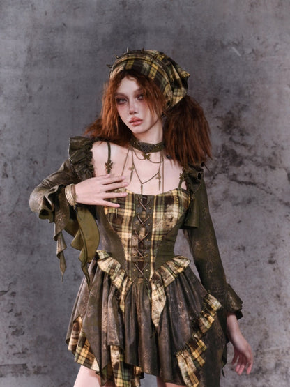 Green Plaid Handkerchief Hem Cami Dress with Lace-up Detail at Front