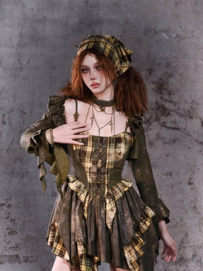 Green Asymmetrical Ruffled Cuff Shrug with Flutter Sleeve Detail at Shoulder