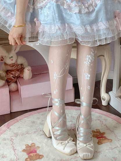 White Sakura Print Sweet Lolita Tights