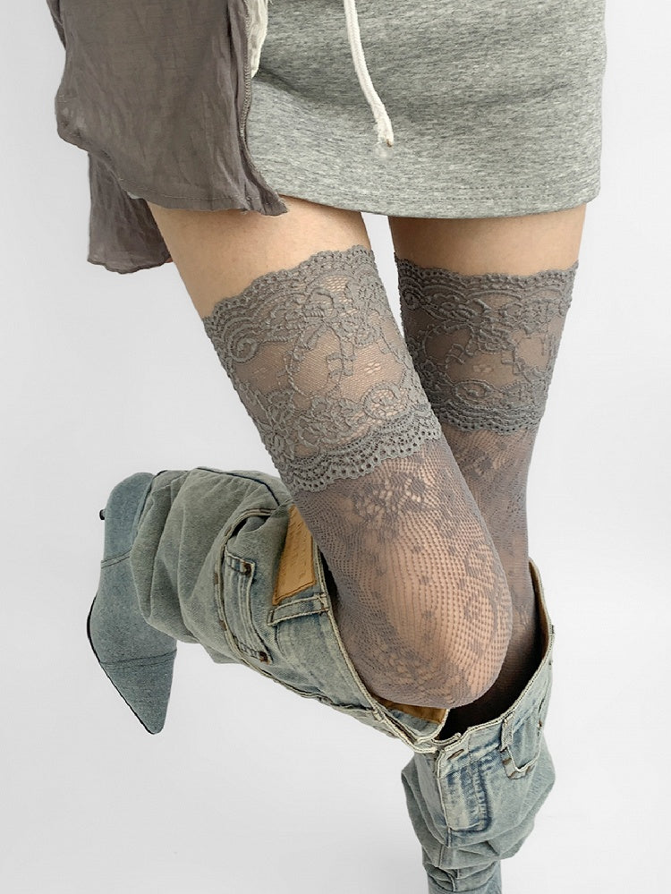 Gray/White/Brown/Blue/Black Lace Trim Hollow-out Design Over-knee Stockings