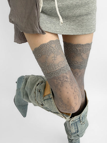 Gray/White/Brown/Blue/Black Lace Trim Hollow-out Design Over-knee Stockings