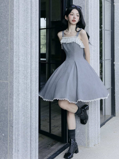 Gray Slim Fit Waist Elegant Lolita Fashion Dress