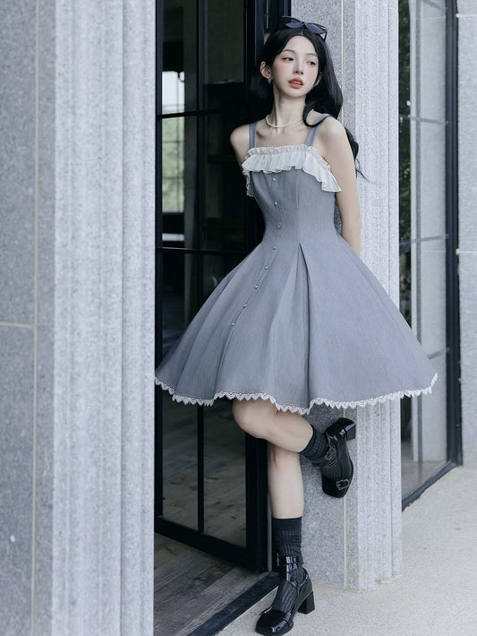 Gray Slim Fit Waist Elegant Lolita Fashion Dress