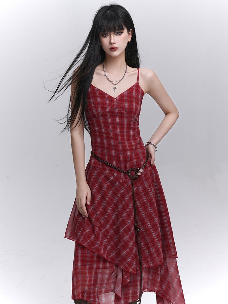 Red Plaid V-Neck Handkerchief Hem Cami Dress