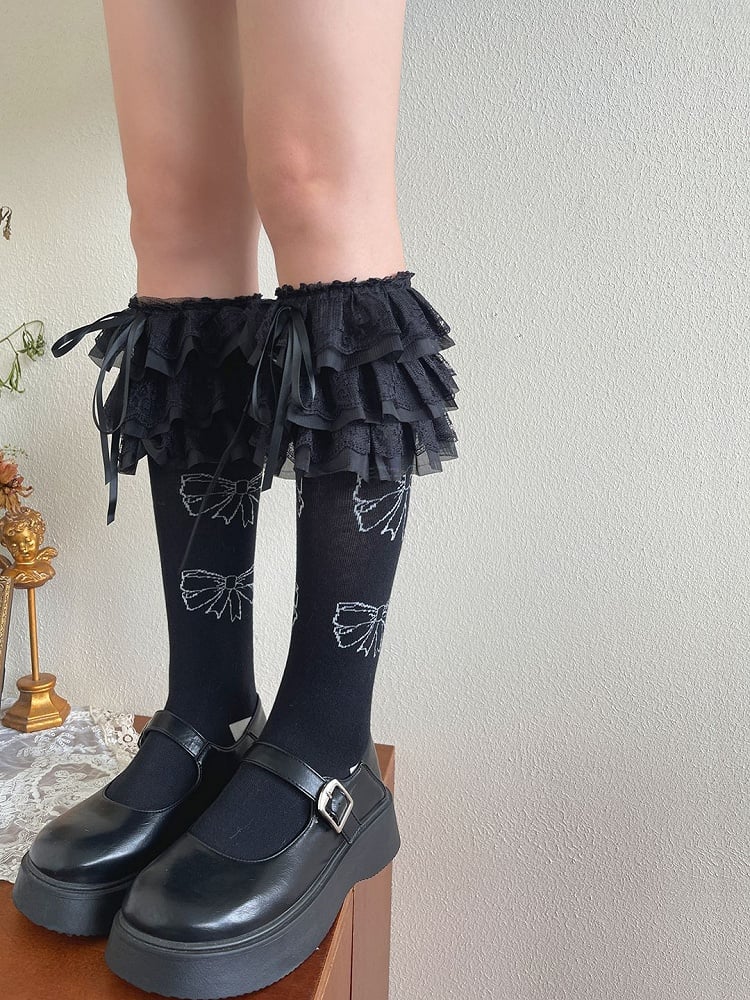 White/Black Bowknot Decorated Lace Trim Lolita Underknee Stockings