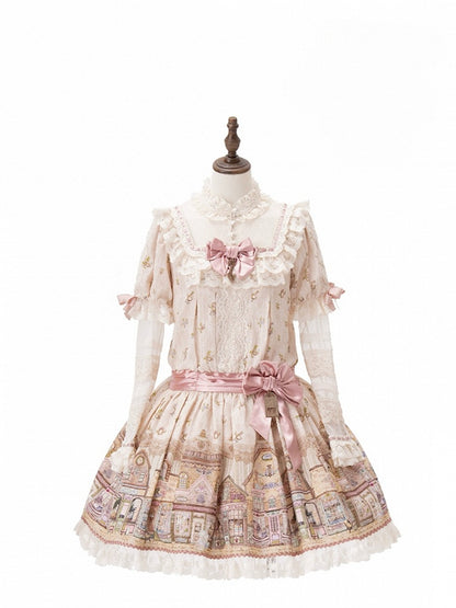 Cream-colored Ruffle Neckline Sweet Lolita Dress with Fairytale Town Print and Lace Trim