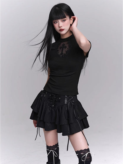 Black Coffin-shaped Cutout Cross Applique T-Shirt