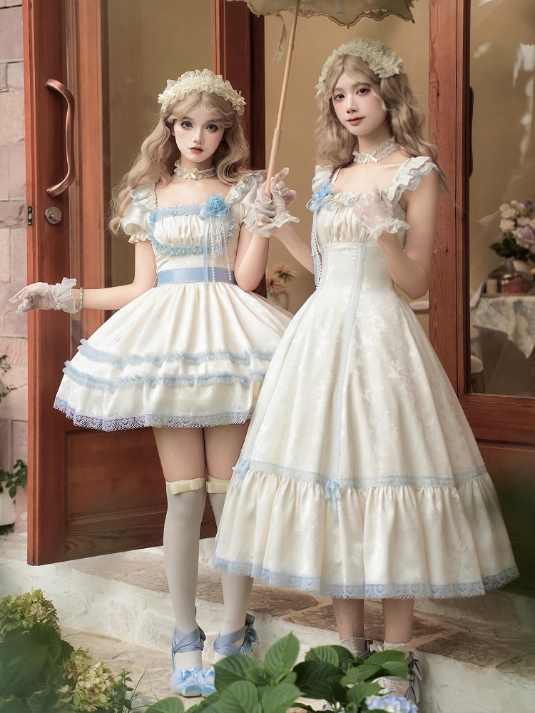Beige and Light Blue Lace Trims Square Neckline Short Puff Sleeves Lolita Dress