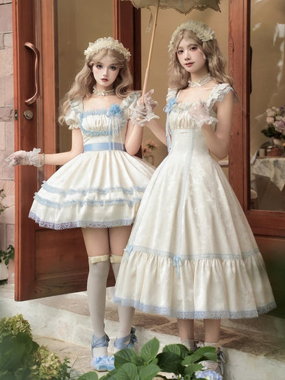 Beige and Light Blue Lace Trims Square Neckline Short Puff Sleeves Lolita Dress