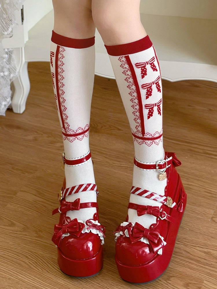 Red Lace and Bowknot Pattern Lolita White Calf Socks