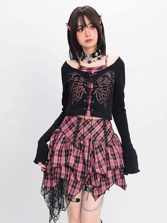 Y2K Lace-up Front Butterfly Print Black and Pink Plaid Top Faux Two-pieces