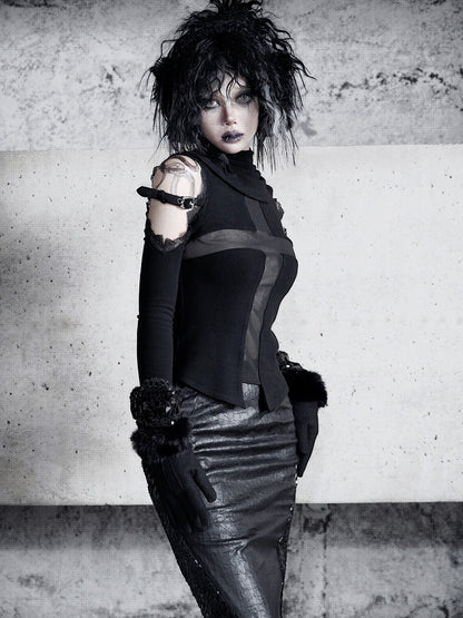 Black Open Shoulders Semi-sheer Cross Shaped Mesh Panels Goth Long Sleeve Top