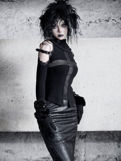 Black Open Shoulders Semi-sheer Cross Shaped Mesh Panels Goth Long Sleeve Top