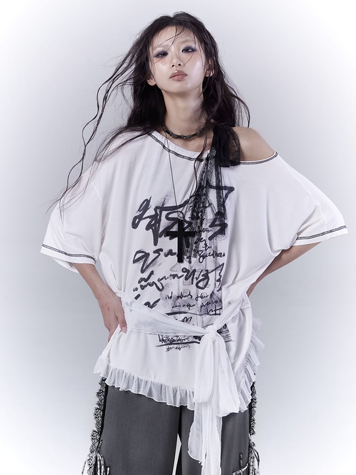 White Asymmetrical Neckline Ruffle Hem Graphic T-Shirt with Self-tie Strap Waist