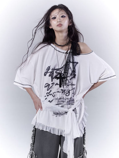 White Asymmetrical Neckline Ruffle Hem Graphic T-Shirt with Self-tie Strap Waist