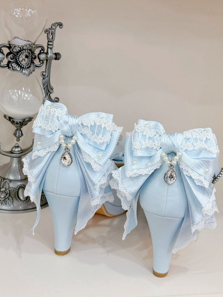 Light Blue Crisscross Design Heart Buckle Bow at Top High Heels